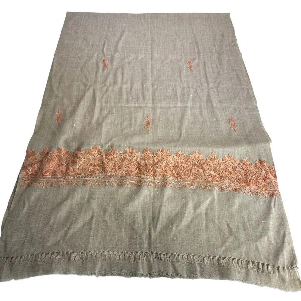 kashmir beige silk embroidered shawl wrap Damage 26 X 76 In